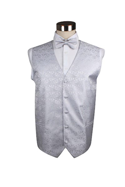 Mens Silver Paisley Patterned Vest Waistcoat & Matching Bow Tie Carousel 1