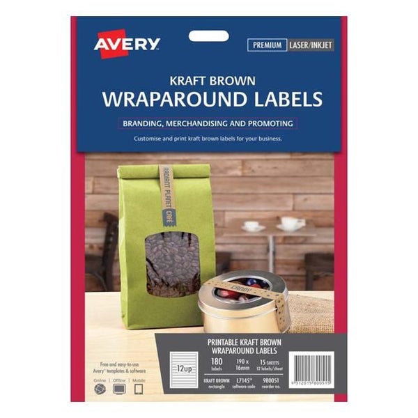 Avery Label L7145 Wrapround Kraft Inkjet 190x16mm 12up 15 Sheets Laser Carousel 1