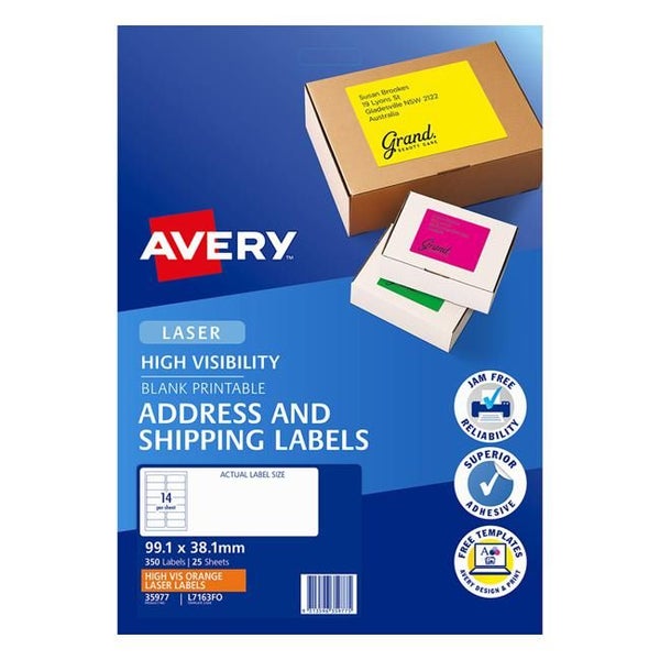 Avery Shipping Label L7163FO Flo Orange Laser 99.1x38.1mm 14up 25 Sheets Carousel 2