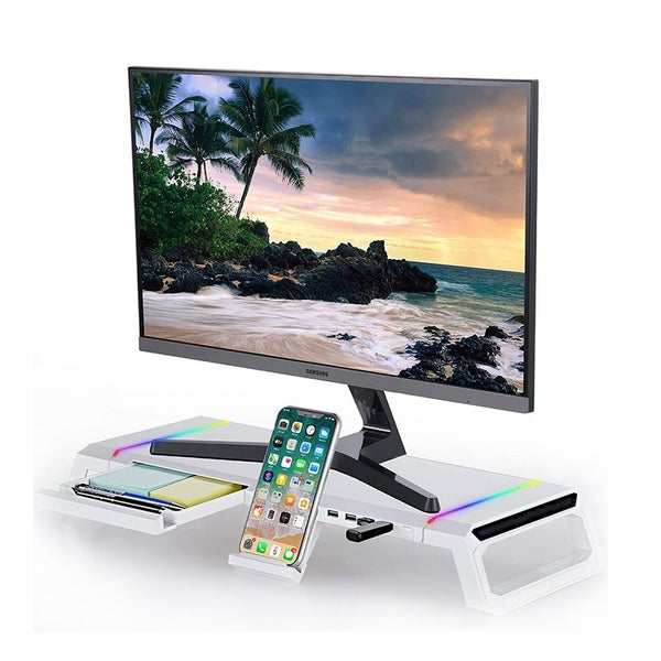 ICE COOREL Adjustable Monitor Stand Screen Riser Color White with 4 USB Ports , Carousel 1