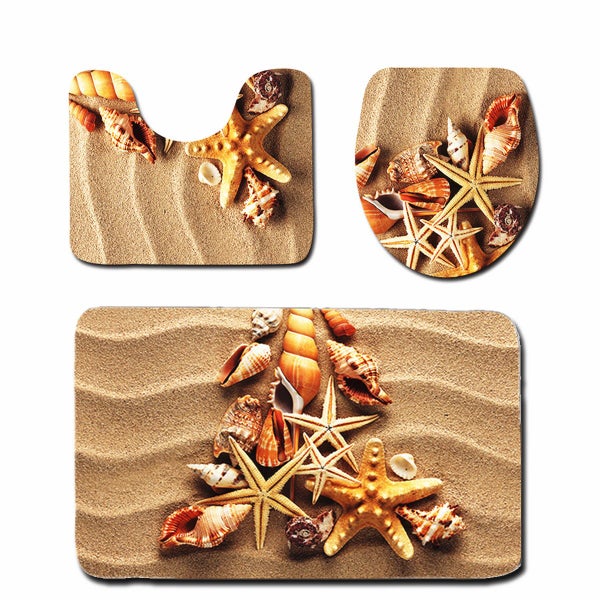 3Pcs Beach Starfish Shell Bathroom Pedestal Rug + Lid Toilet Cover + Bath Mat 4562973869462275114