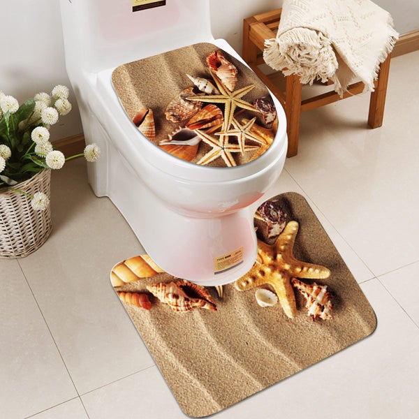 3Pcs Beach Starfish Shell Bathroom Pedestal Rug + Lid Toilet Cover + Bath Mat 4562973869462275112