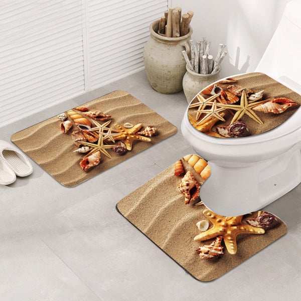 3Pcs Beach Starfish Shell Bathroom Pedestal Rug + Lid Toilet Cover + Bath Mat 4562973869462275113