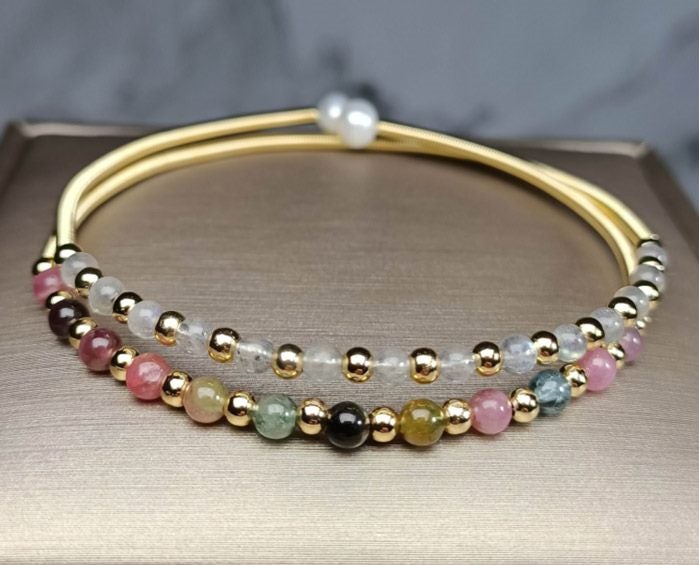Natural Stone Bead Bracelet Bangle 14Kt Gold Plated Carousel 1