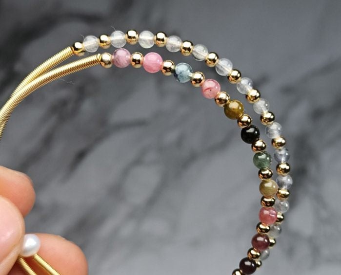 Natural Stone Bead Bracelet Bangle 14Kt Gold Plated Carousel 2