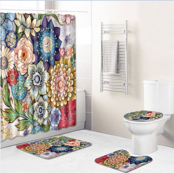 Natural Pattern Flower Polyester Bathroom Shower Curtain Bath Carpets Toilet Sea Carousel 1