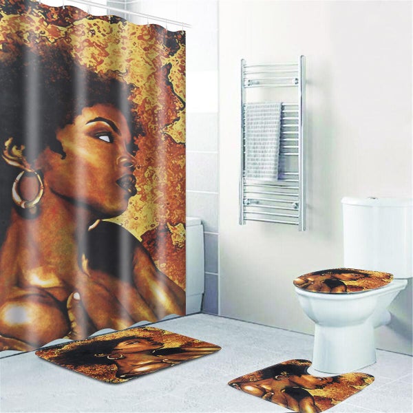 9 Optionals for African Girl Bathroom Shower Curtain Pedestal Rug Lid Toilet Cov Carousel 1