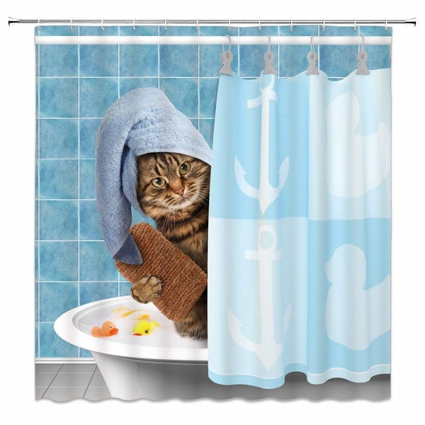 Cat Bathing Bathroom Shower Curtain Waterproof Fabric With 12 Hooks Carousel 1
