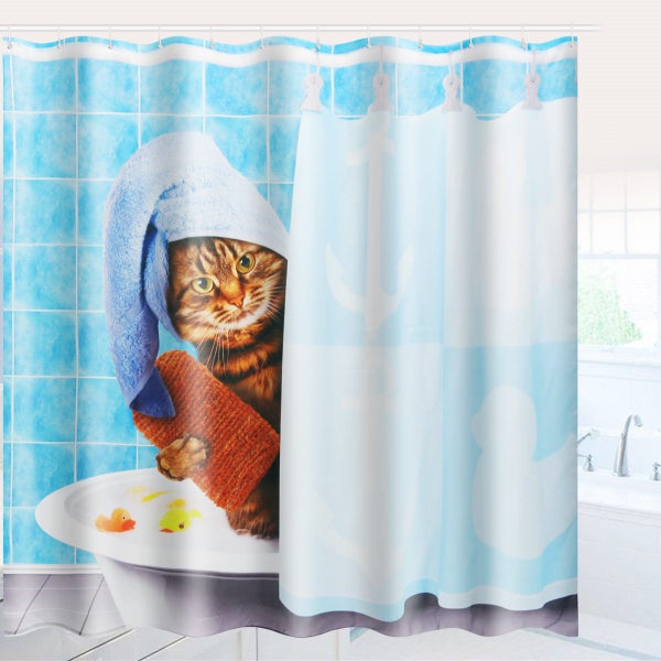 Cat Bathing Bathroom Shower Curtain Waterproof Fabric With 12 Hooks Carousel 2