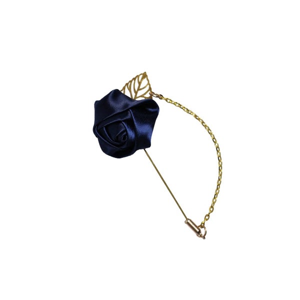 Womens Navy Rose With Gold Leaf Flower Suit Blazer Jacket Lapel Pin Carousel 2