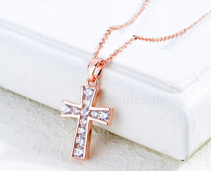 Cross Pendant CZ Rose Gold Necklace For Women Carousel 1