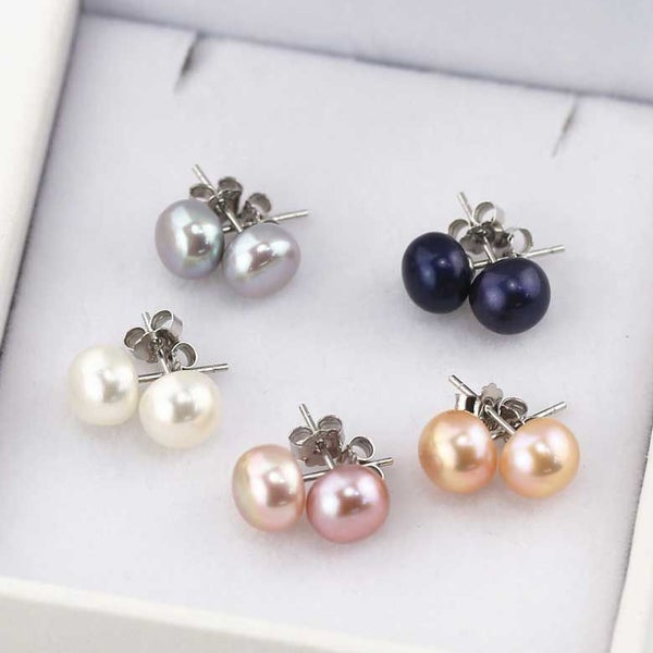 925 Sterling Silver Button Pearl Stud Earrings 8.5mm "Treena" (Black) Carousel 10