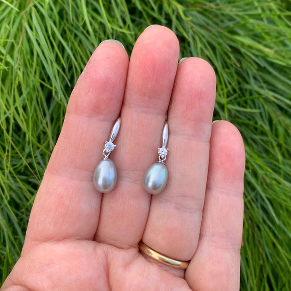 925 Sterling Silver Pearl and Crystal Earrings "Ginara" (Grey) Carousel 2