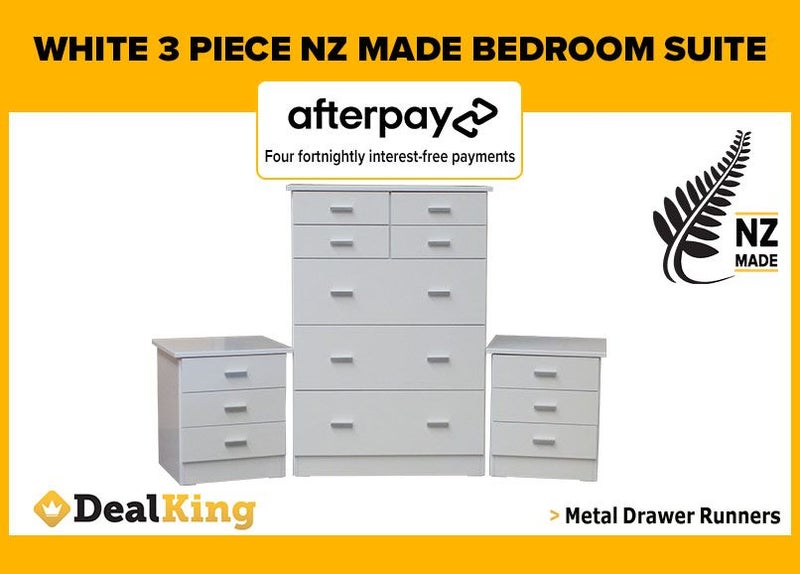 • WHITE FULLY ASSEMBLED 3PC NZ MADE BEDROOM SUITE $769 FREE DELIVERY • Carousel 1