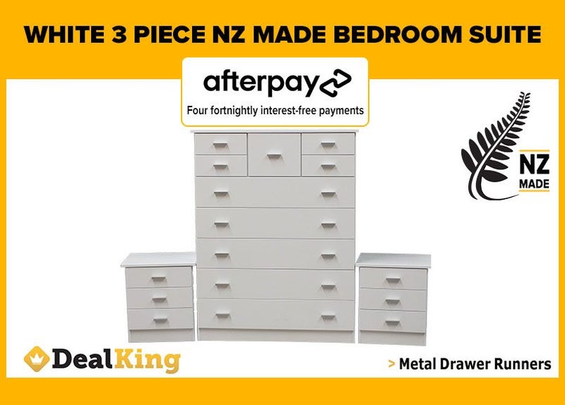 • WHITE FULLY ASSEMBLED 3PC NZ MADE BEDROOM SUITE $905 FREE DELIVERY • Carousel 1