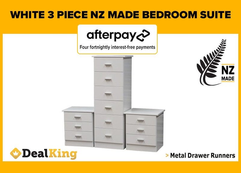 • WHITE FULLY ASSEMBLED 3PC NZ MADE BEDROOM SUITE $719 FREE DELIVERY • Carousel 1