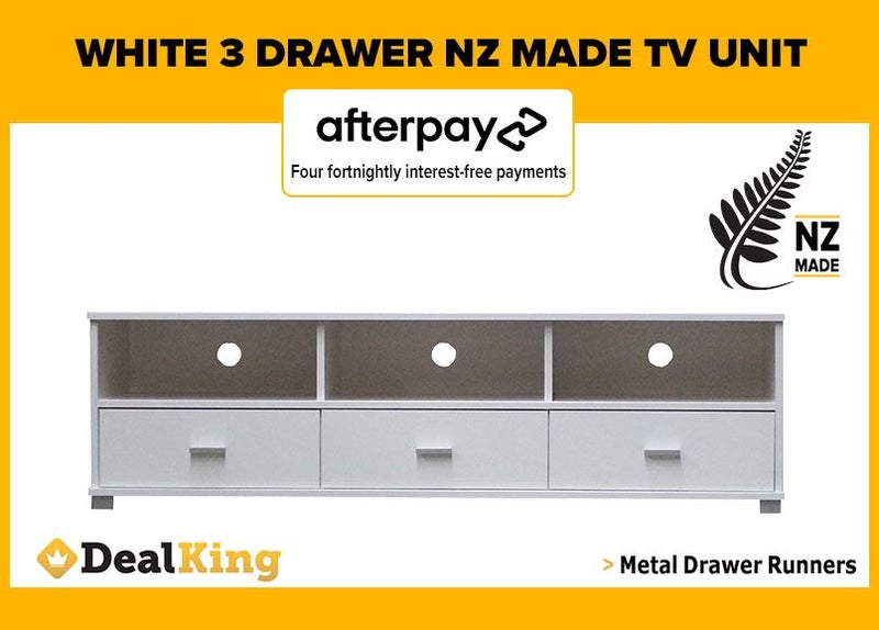 • WHITE FULLY ASSEMBLED 3 DRAWER NZ MADE TV UNIT $479 FREE DELIVERY • Carousel 1