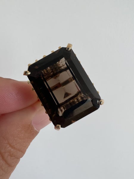Vintage 18K Gold Emerald Step Cut Smokey Topaz Wire Basket Cocktail Ring Carousel 18