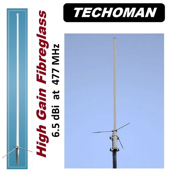 TECHOMAN UHF PRS 477 MHz High Gain 6.5dBi Tuned Base Fibreglass Antenna Carousel 1