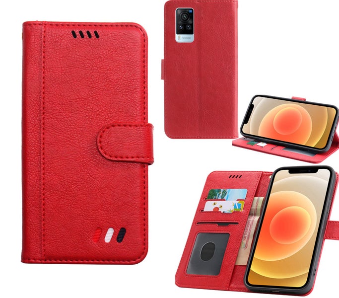 Vivo X60 pro full grain finish pu leather wallet case card & stand red Carousel 1