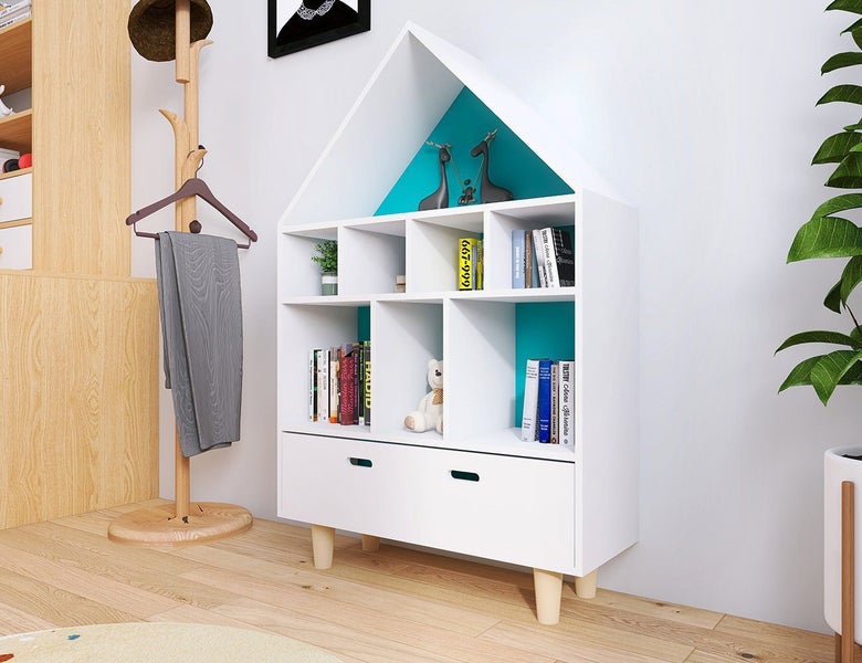 Kids Bookshelf Bookcase Storage Unit - House Shaped with Drawer Carousel 2