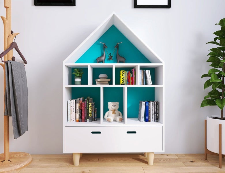 Kids Bookshelf Bookcase Storage Unit - House Shaped with Drawer Carousel 1