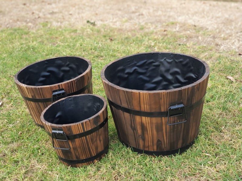 3-Piece Fir Barrel Planter Set - Burnt colour Carousel 1