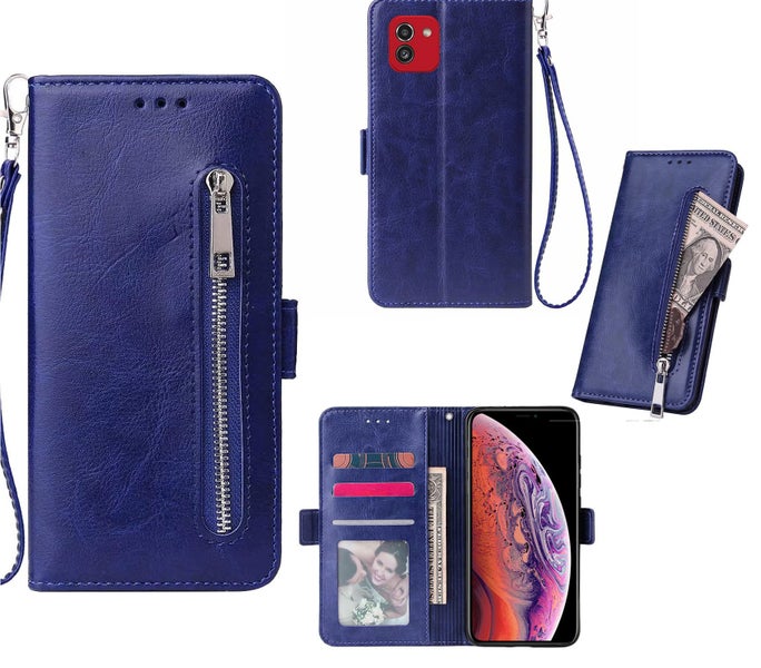 Samsung galaxy a04 PU leather wallet case card slots zip side magnet blue Carousel 1