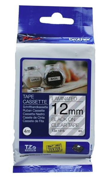 Brother TZe-131S 12mm x 4m Black on Clear Laminated Tape Carousel 1