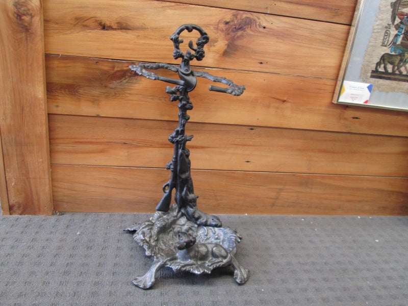 Antique Brass Fireplace Tool Stand with Dog & Rifle Carousel 1