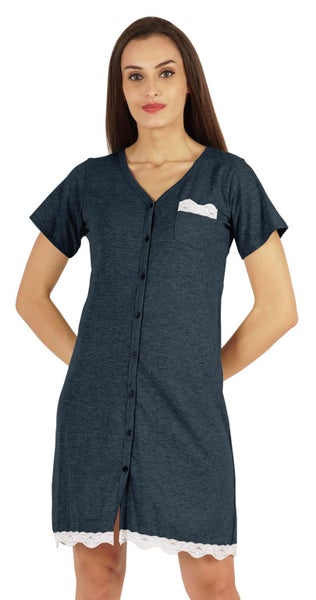 Inkmeso Solid Button Down Nightgown Sleepwear For Women's V- Neck Nightshirt Carousel 1