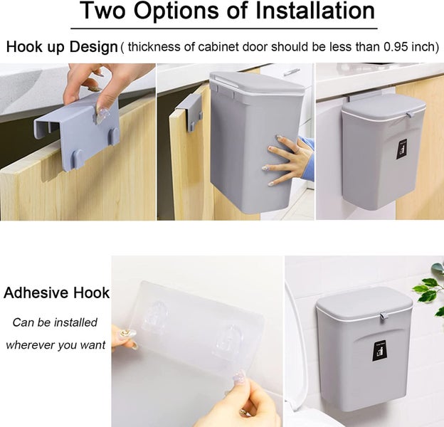 Kitchen Cabinet Door Hanging Trash Can with Lid-Gray Carousel 2