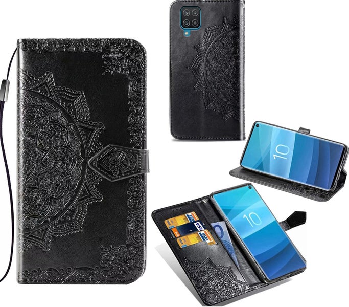 Galaxy M12 Pu Leather Wallet Case Embossed Mandala Card Slot blk Carousel 1