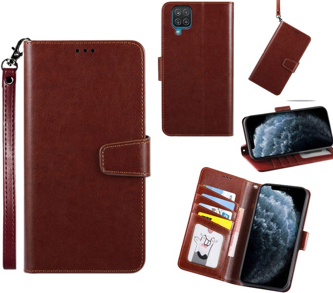 Galaxy M12 PU leather wallet case cowhide finish lanyard brown Carousel 1