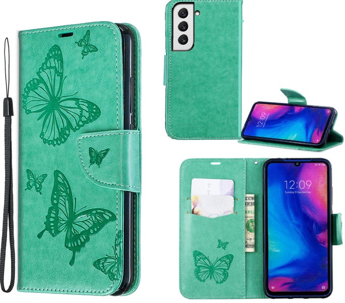 Samsung Galaxy s22 PU leather wallet case embossed twin butterfly pattern green Carousel 1