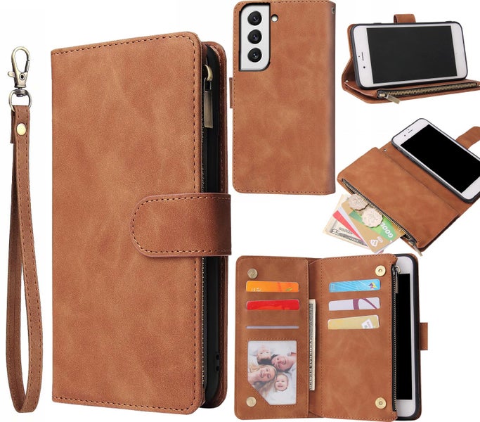 Samsung Galaxy s25 FE 5g suede wallet case multifunction 6 cards & zipper tan Carousel 1