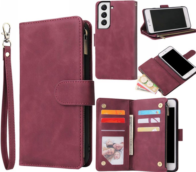 Samsung Galaxy s23 plus suede wallet case multifunction 6 cards & zipper wine Carousel 1