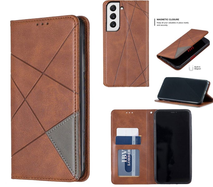 Samsung Galaxy s24 plus PU leather slim flip case patterned collage style brown Carousel 1