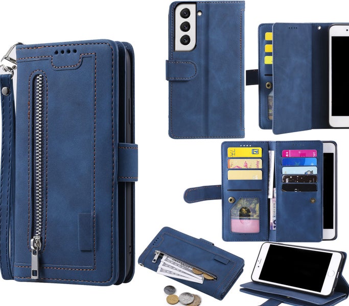 galaxy a56 all in one Suede wallet case front zip pocket lanyard navy Carousel 1