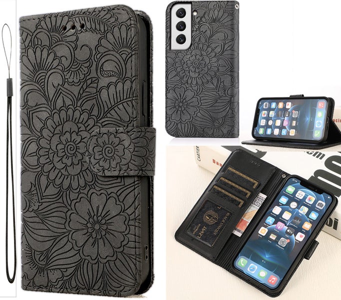 Samsung Galaxy s25 plus embossed PU leather wallet case floral charcoal Carousel 1