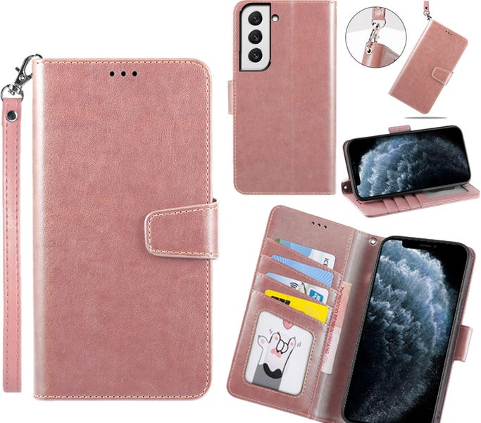 Samsung Galaxy a35 PU leather wallet case cowhide finish lanyard rose gold Carousel 1