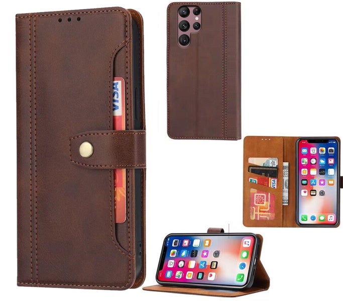 galaxy s26 ultra pu leather wallet case front pocket magnetic closure brown Carousel 1