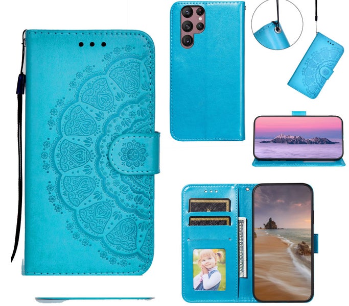 Samsung galaxy s26 ultra embossed PU leather wallet case mandala totem blue Carousel 1