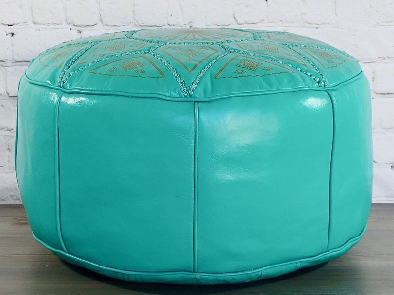 Quality Moroccan Leather Pouf Ottoman Footstool Turquoise - FREE DELIVERY Carousel 2