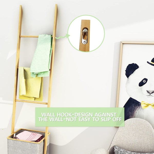 Bamboo Wall Leaning Ladder Laundry Basket Shelf 180 cm Carousel 2