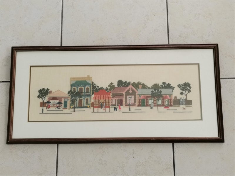 Vintage Framed Cross Stitch Picture of a Street Scene Carousel 1