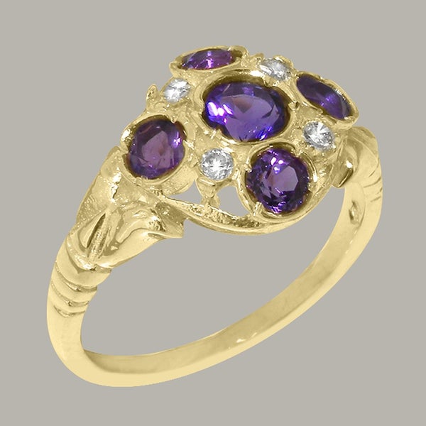 Gold Natural Amethyst & CZ Womens Cluster Ring - Full 9ct UK Hallmark Carousel 1
