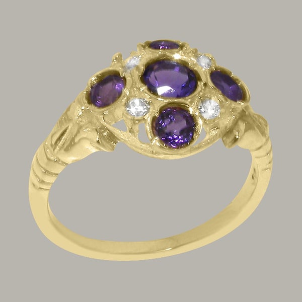 Gold Natural Amethyst & CZ Womens Cluster Ring - Full 9ct UK Hallmark Carousel 2