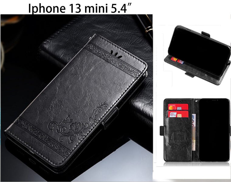 Iphone 13 mini case retro leather wallet slim cow hide finish grey Carousel 1