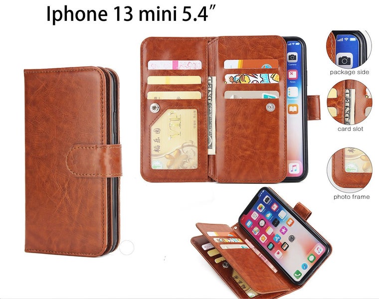 Iphone 13 mini case triple wallet PU leather 9 cards ID 3 pockets brown Carousel 1
